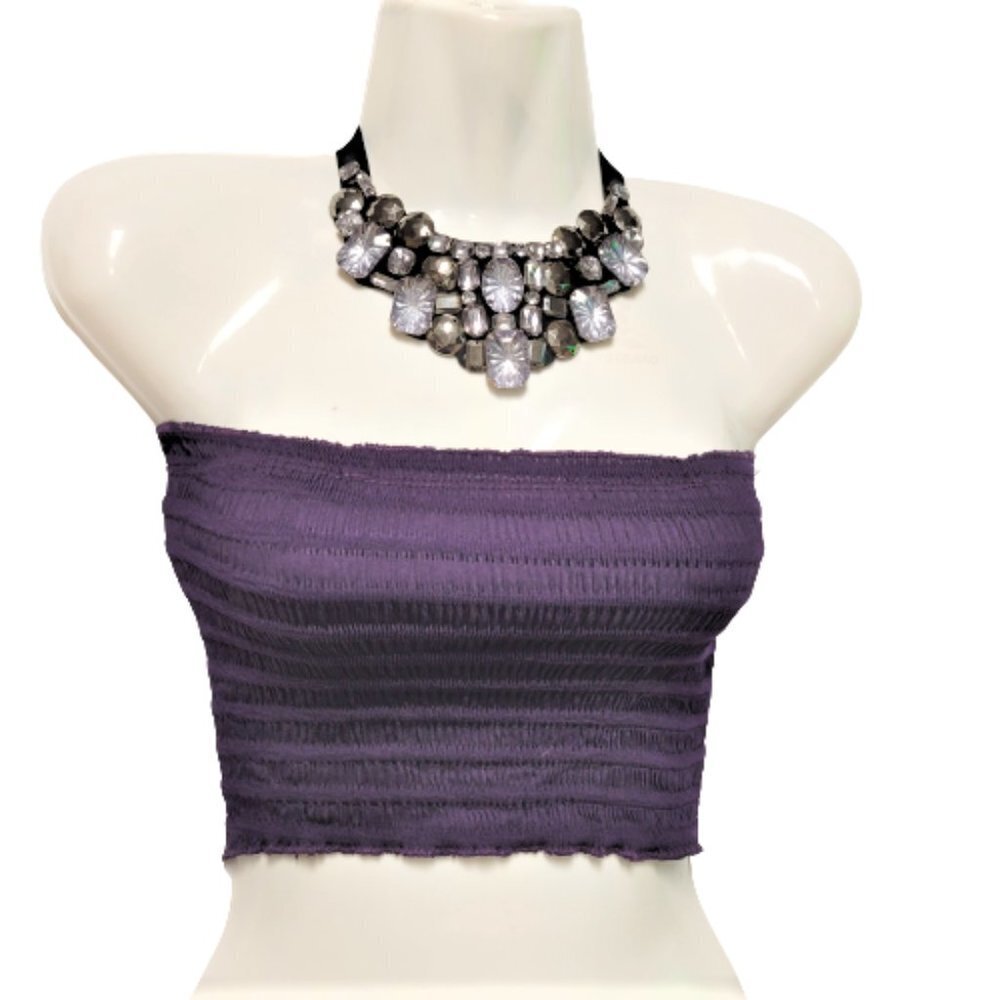 Purple Sexy Crop Top Strapless Tube Top Smocked Stretchy Summer Bandeau - NEW